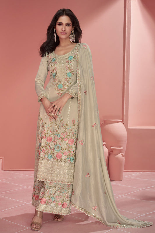 Beige Embroidered Organza Silk Palazzo Suit-ZBSS100069_1