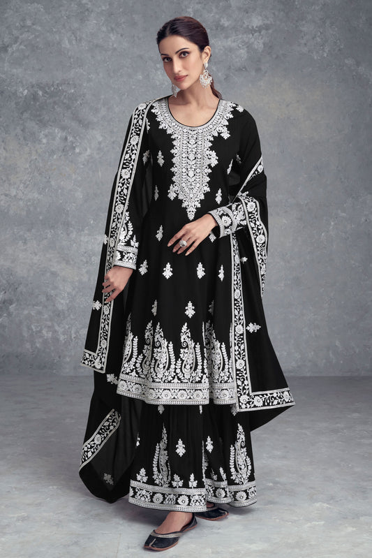 Black Embroidered Chinon Sharara Suit-ZBSS100058_1