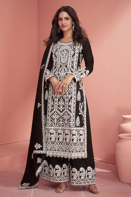 Black Embroidered Silk Palazzo Suit-ZBSS100001_1