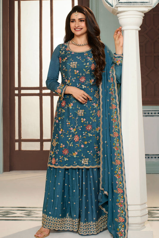 Blue Embroiderd Chinon Palazzo Suit-ZBSS100008_1