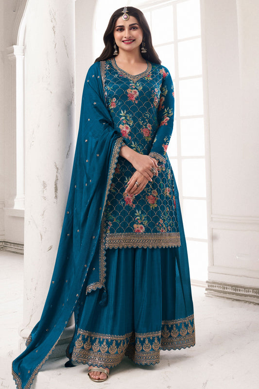 Blue Embroiderd Chinon Palazzo Suit-ZBSS100015_1