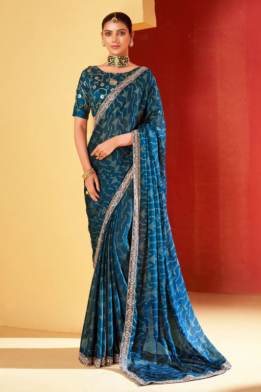 Blue Embroidered Chiffon Bandhani Saree-ZB131244_1
