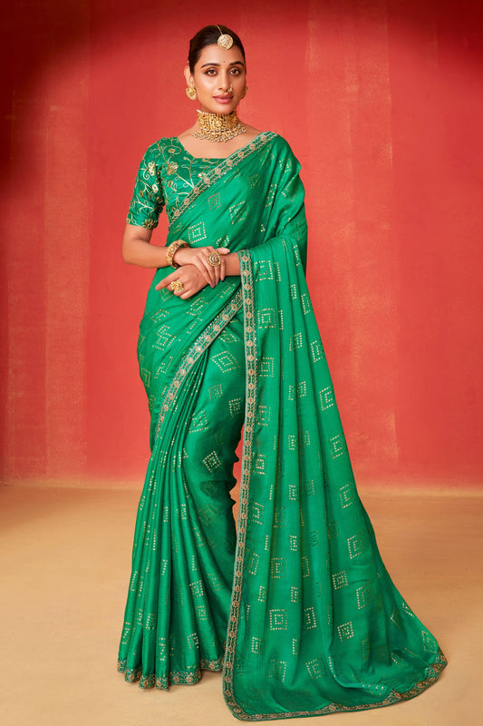 Blue Green Embroidered Chiffon Bandhani Saree-ZB131252_1