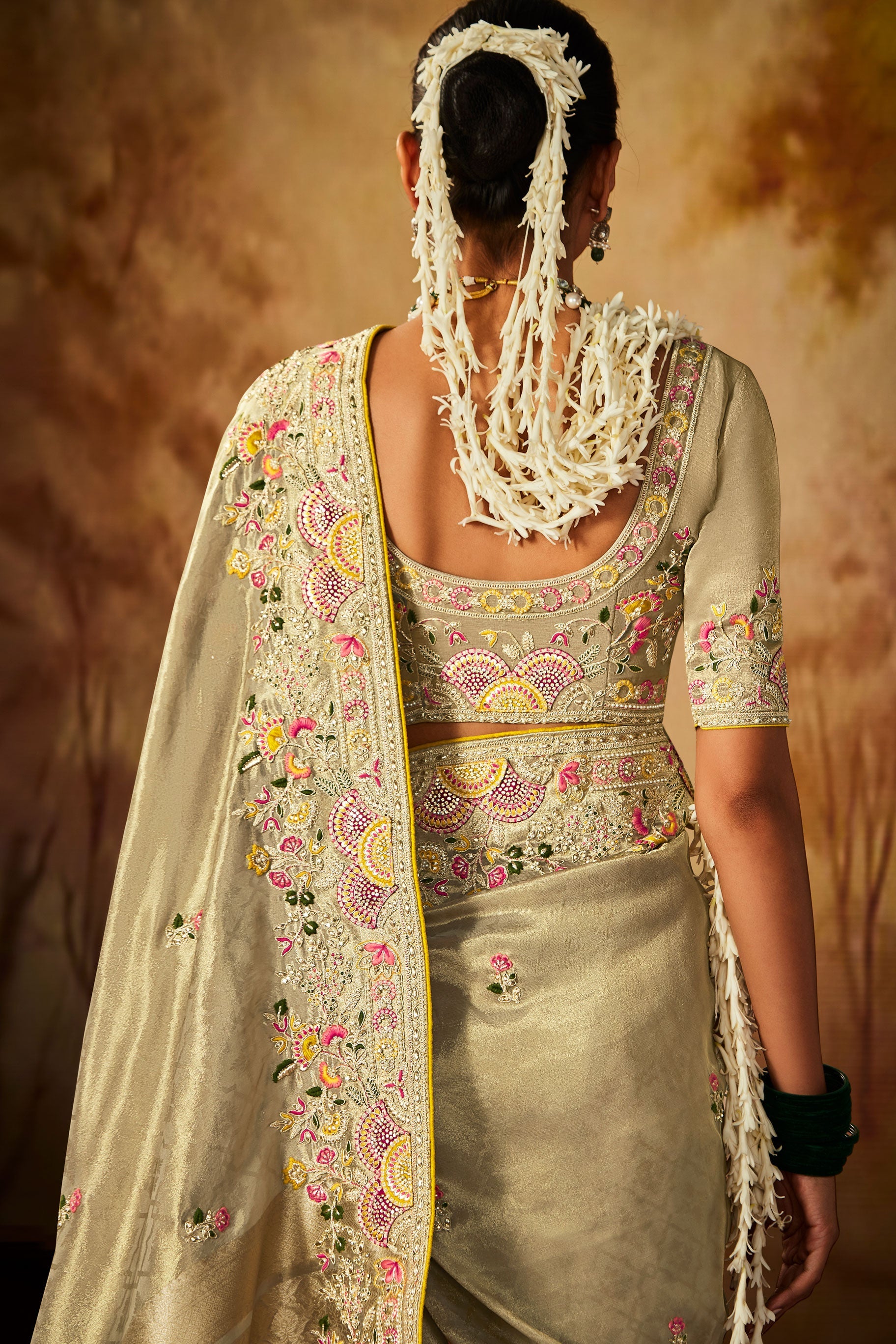 Beige Embroidered Silk Saree-ZB130709_3