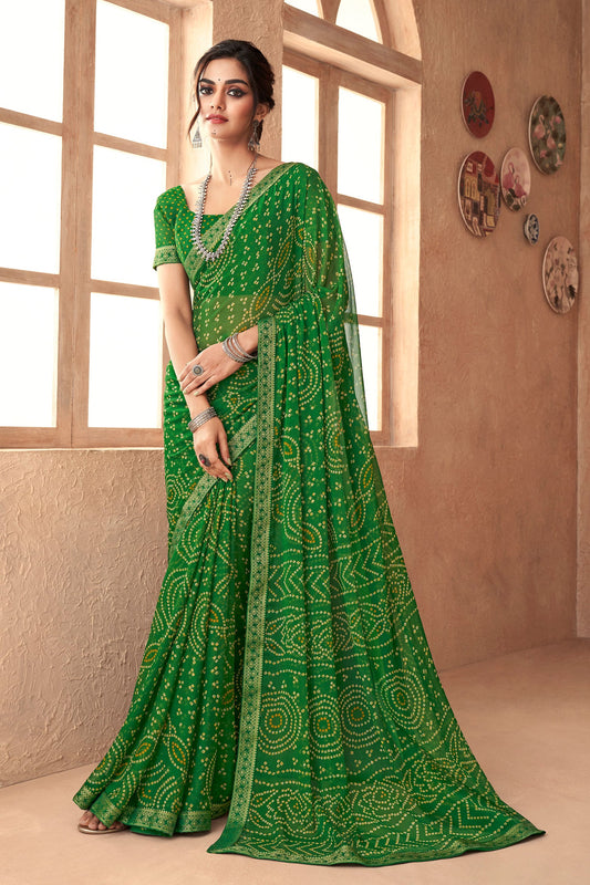 Green Chiffon Printed Bandhani Saree-ZB131327_1
