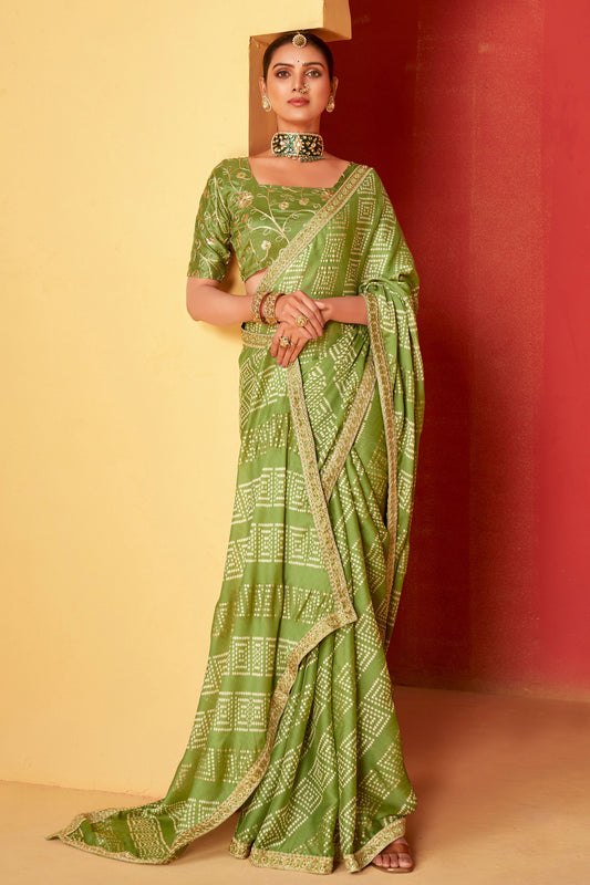 Green Embroidered Chiffon Bandhani Saree-ZB131249_1