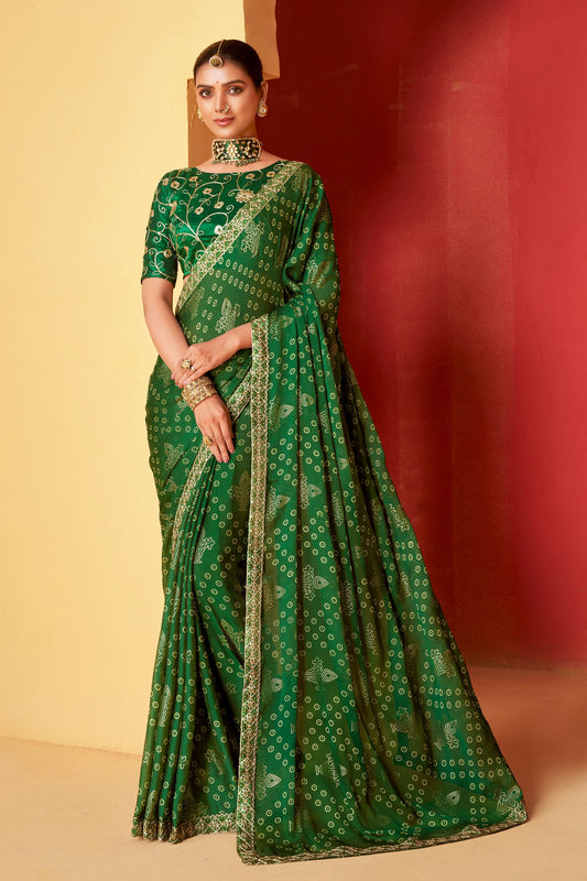 Green Embroidered Chiffon Bandhani Saree-ZB131250_1