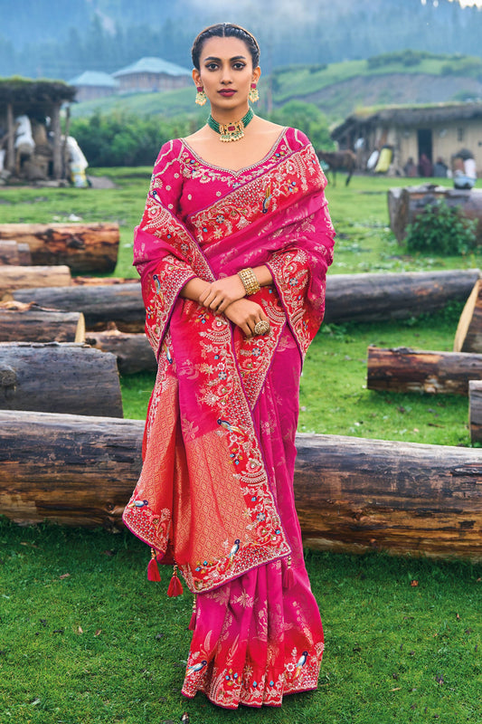 Pink Embroidered Banarasi Silk Saree-ZB130870_1
