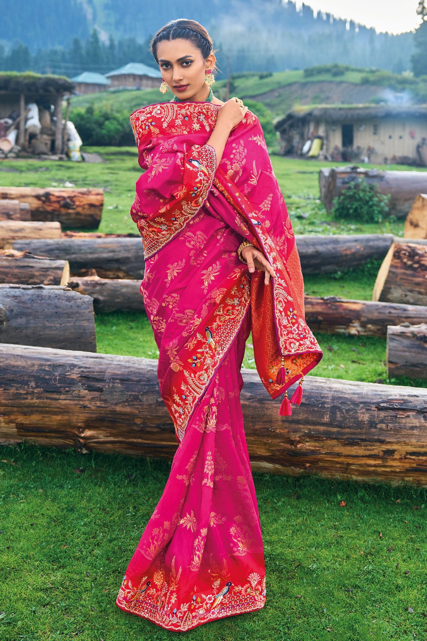 Pink Embroidered Banarasi Silk Saree-ZB130870_4