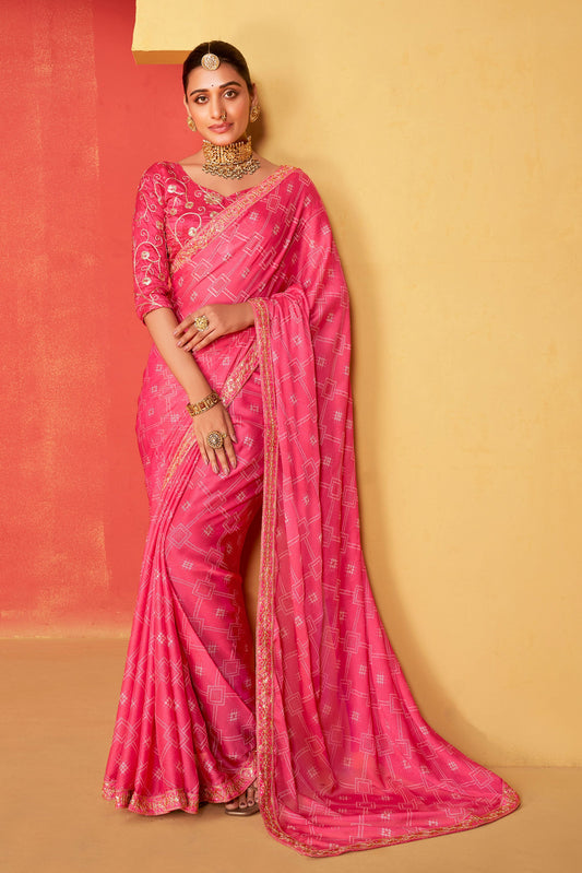 Pink Embroidered Chiffon Bandhani Saree-ZB131251_1