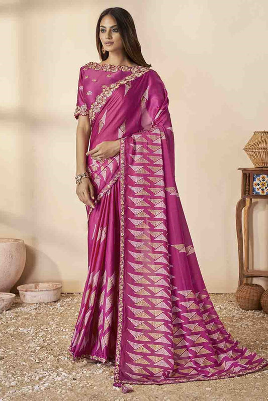 Pink Embroidered Silk Saree