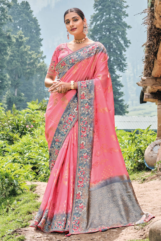 Pink Embroidered Banarasi Silk Saree-ZB130878_1