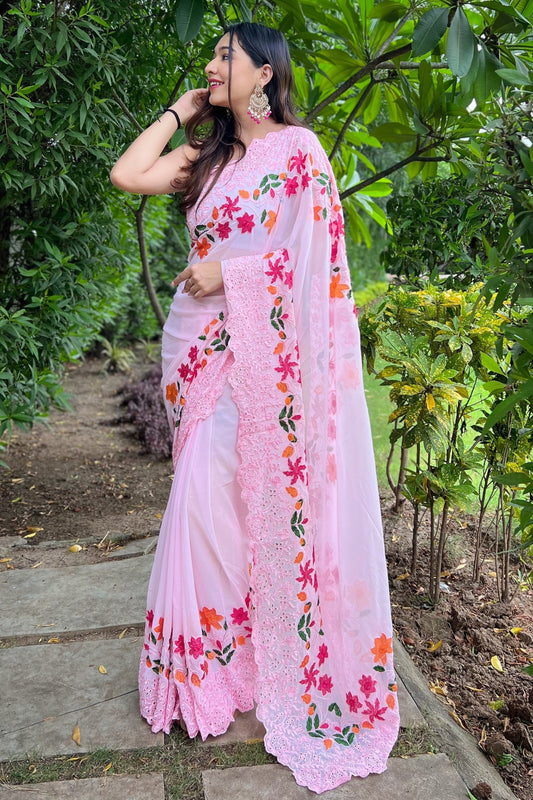 Pink Embroidered Georgette Saree-ZB131135_1