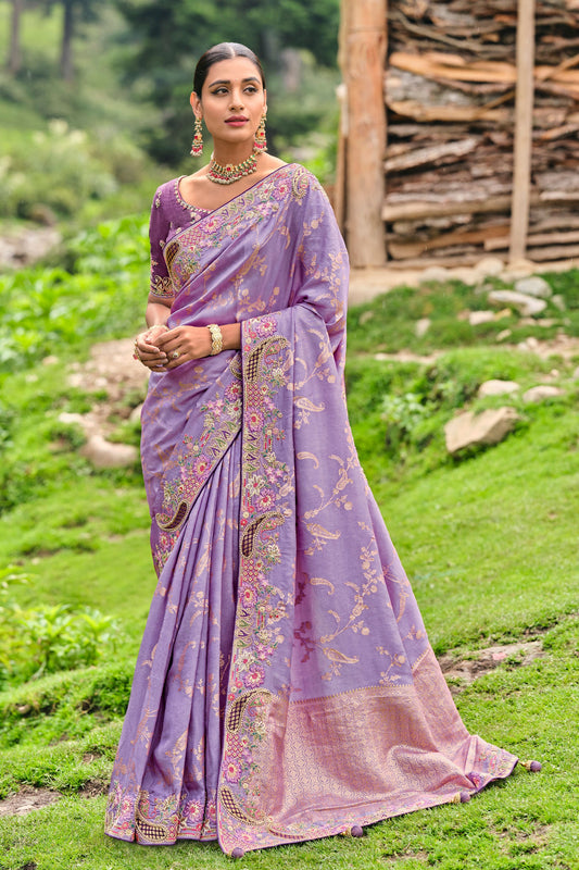 Purple Embroidered Banarasi Silk Saree-ZB130877_1