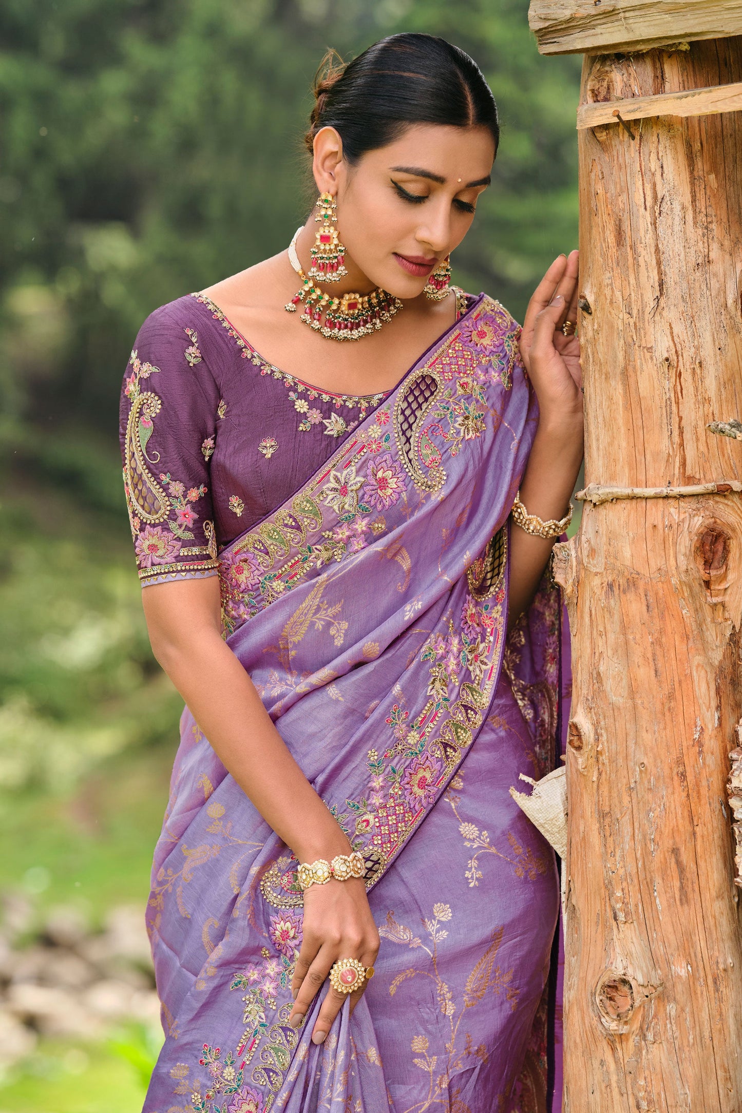 Purple Embroidered Banarasi Silk Saree-ZB130877_2