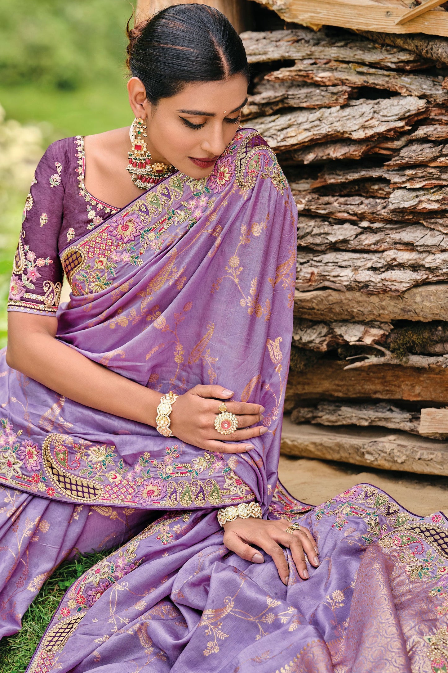 Purple Embroidered Banarasi Silk Saree-ZB130877_3