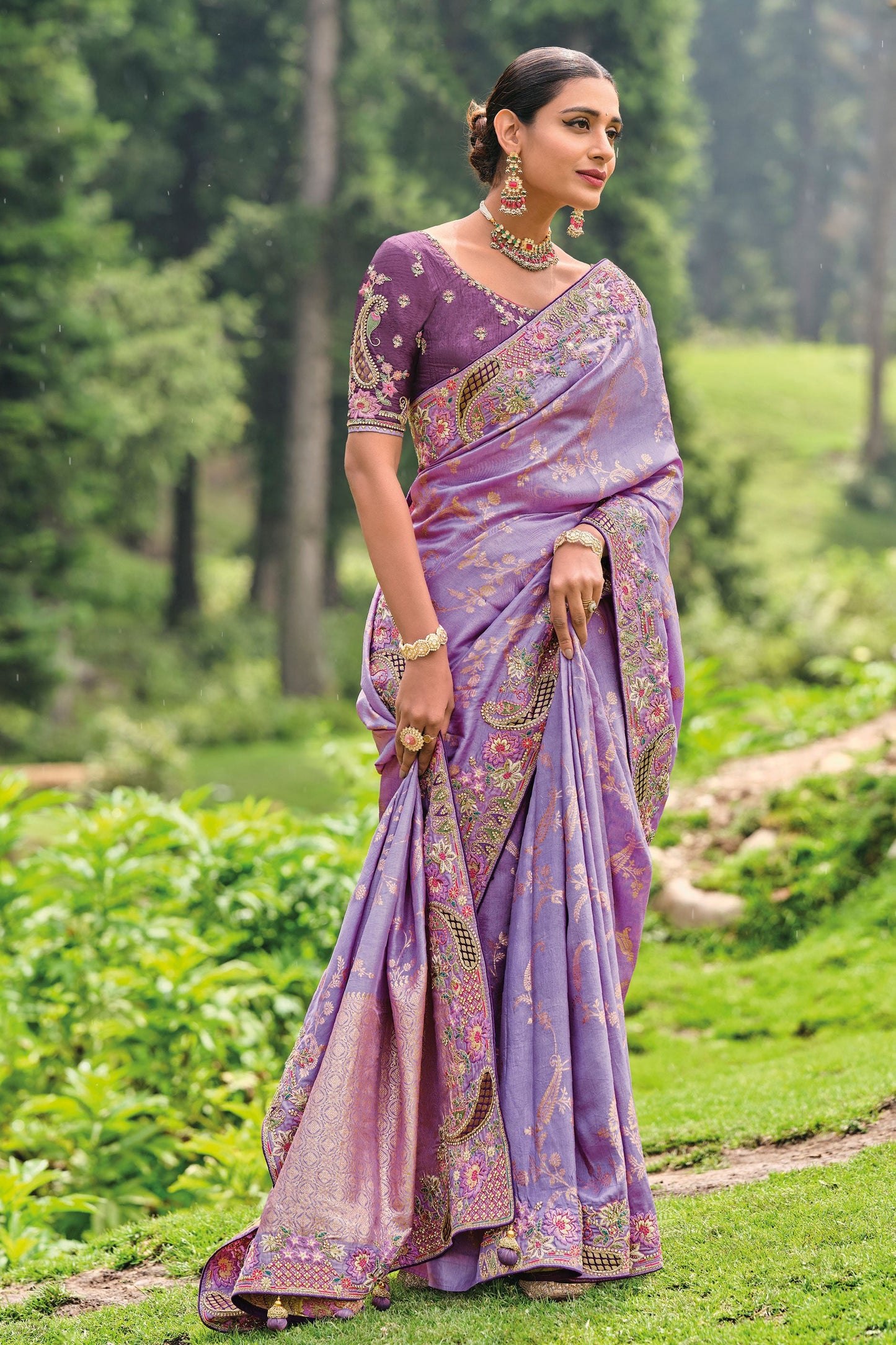 Purple Embroidered Banarasi Silk Saree-ZB130877_4