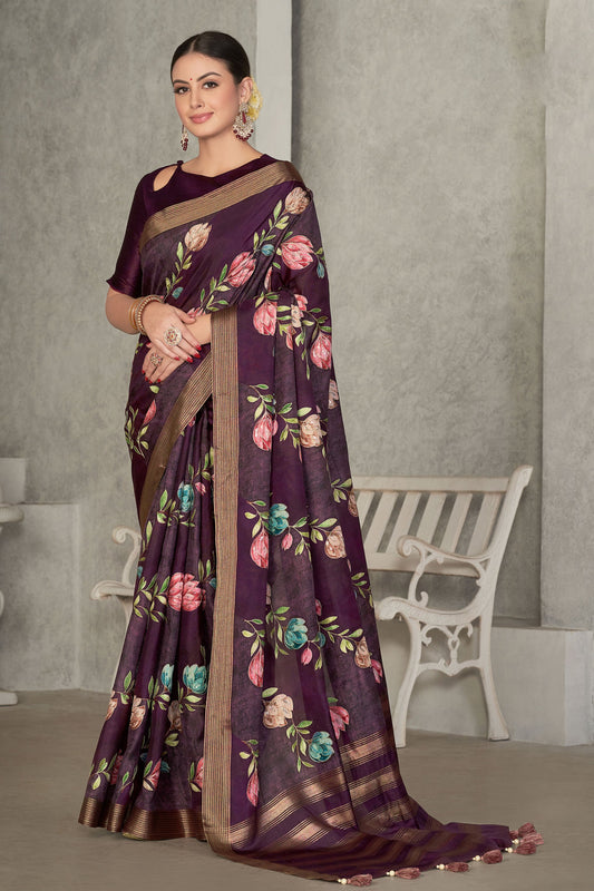 Purple Embroidered Tussar Silk Saree-ZB130724_1