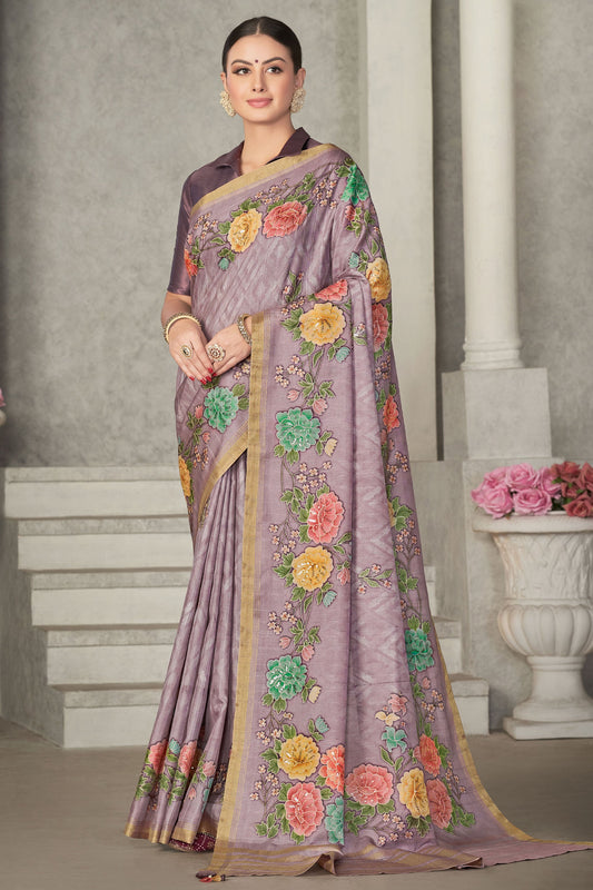 Purple Embroidered Tussar Silk Saree-ZB130728_1