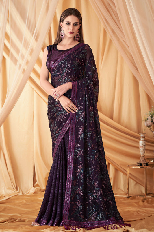 Purple Sequined Georgette Silk Saree-ZB131068_1
