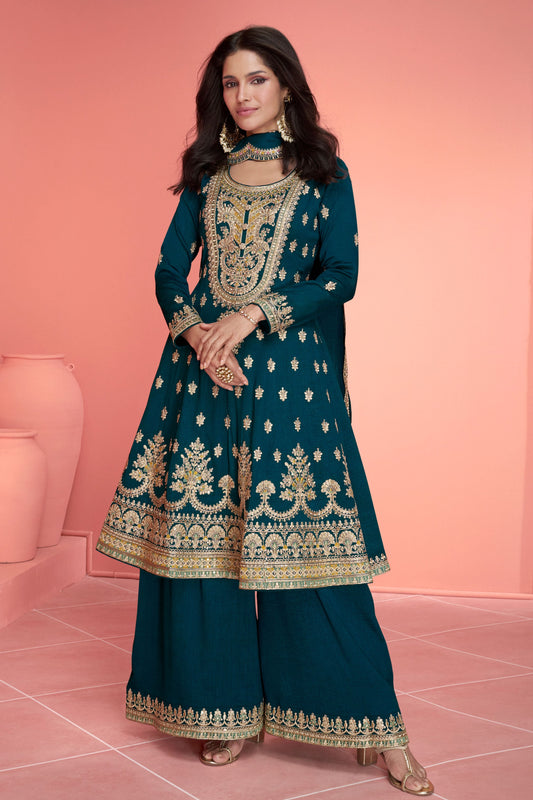 Rama Blue Embroidered Silk Palazzo Suit-ZBSS100065_1