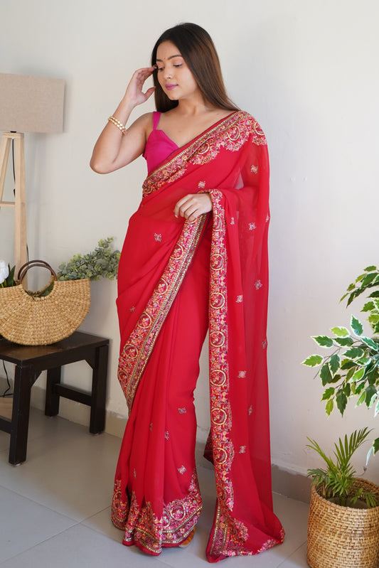 Red Embroidered Georgette Saree-ZB131124_1