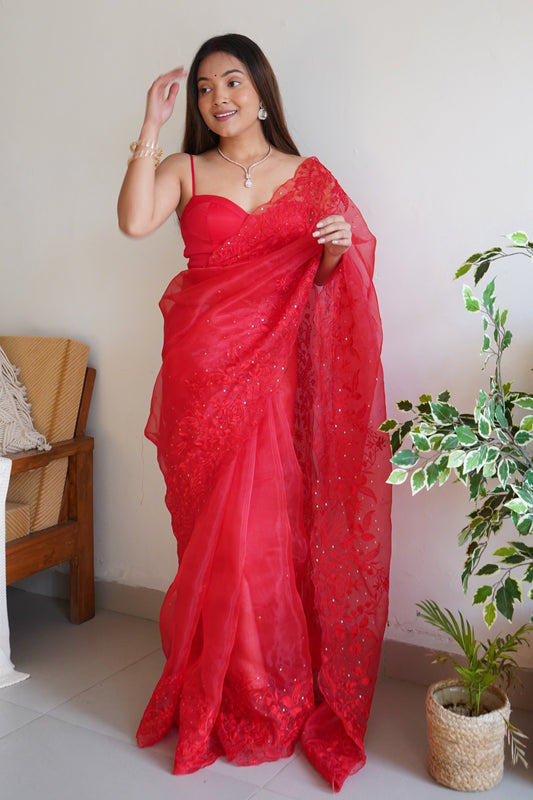 Red Embroidered Organza Saree-ZB131127_1