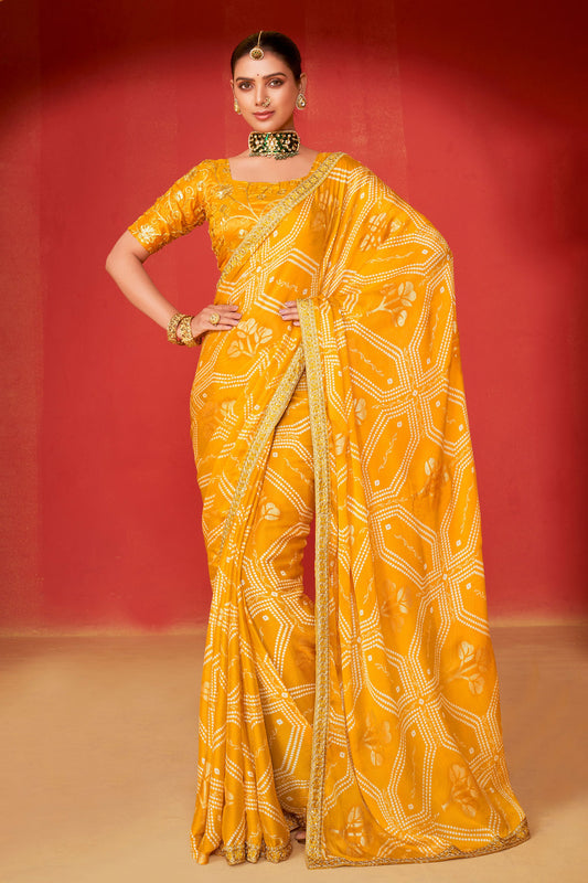 Yellow Embroidered Chiffon Bandhani Saree-ZB131246_1