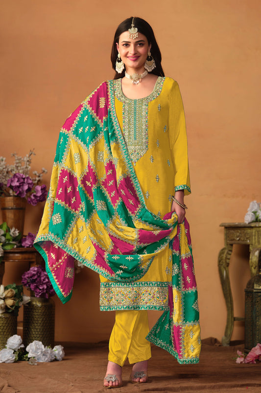Yellow Embroidered Chinon Silk Salwar Suit-ZBSS100068_1