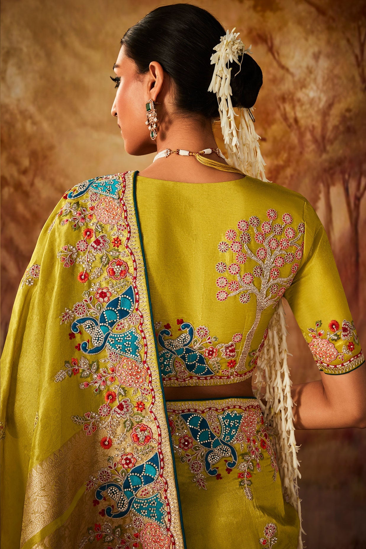 Lime Green Embroidered Silk Saree-ZB130704_3