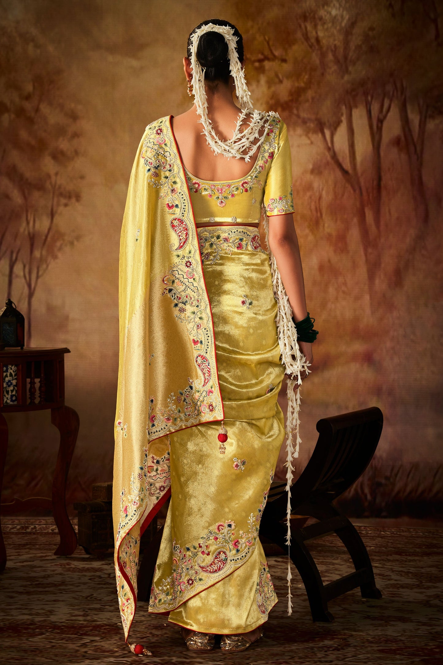 Golden Yellow Embroidered Silk Saree-ZB130711_4