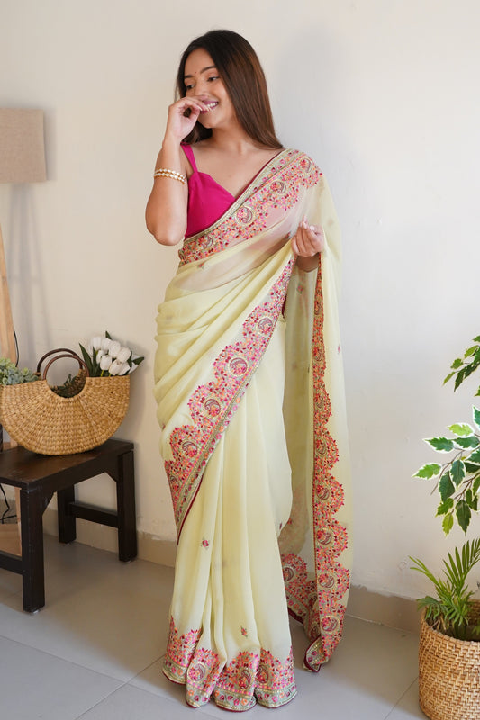 Yellow Embroidered Georgette Saree-ZB131126_1