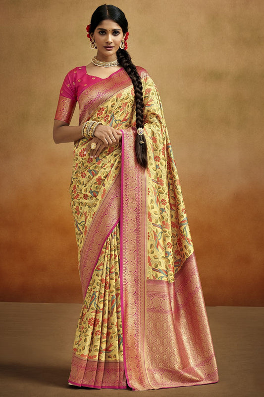Yellow Banarasi Silk Saree-ZB130437_1